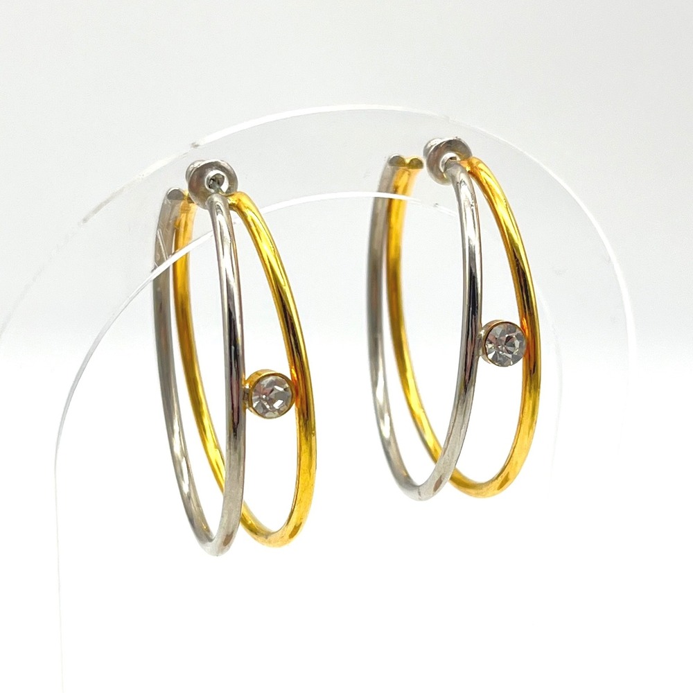 Two Tone Double Hoop Earrings‎ Gold Silver Mixed Metal Crystal Accent 1.5 Inch